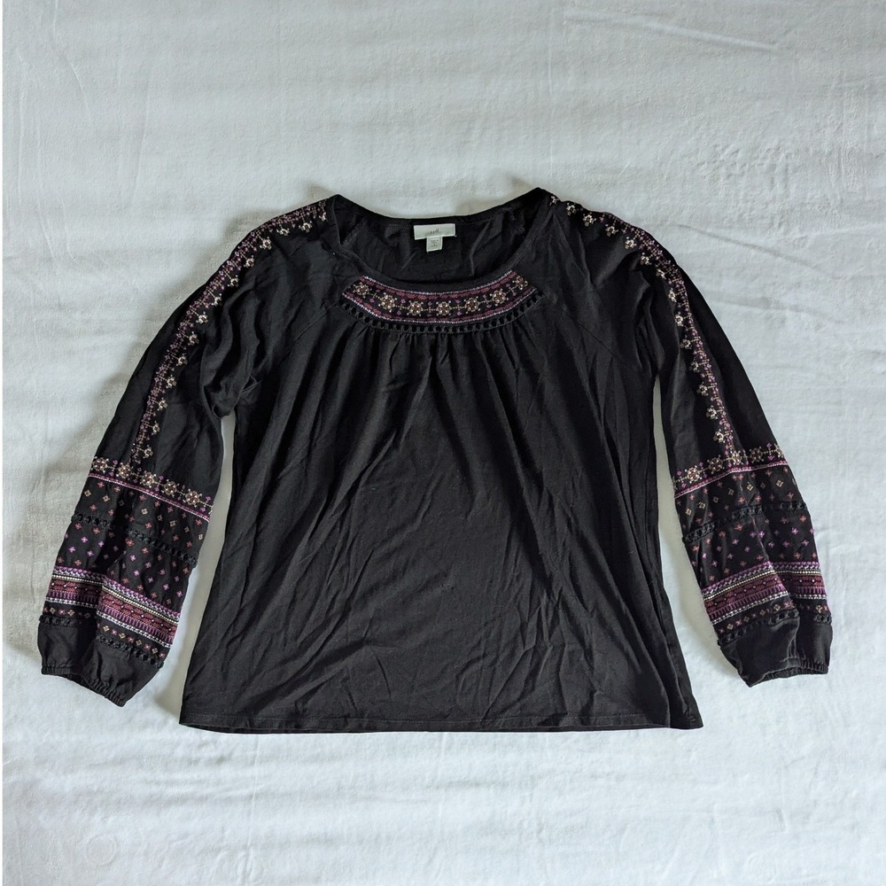 J. Jill Top Black Embroidered Lace Long Sleeve Cotton Modal Sz SP Boho Festival